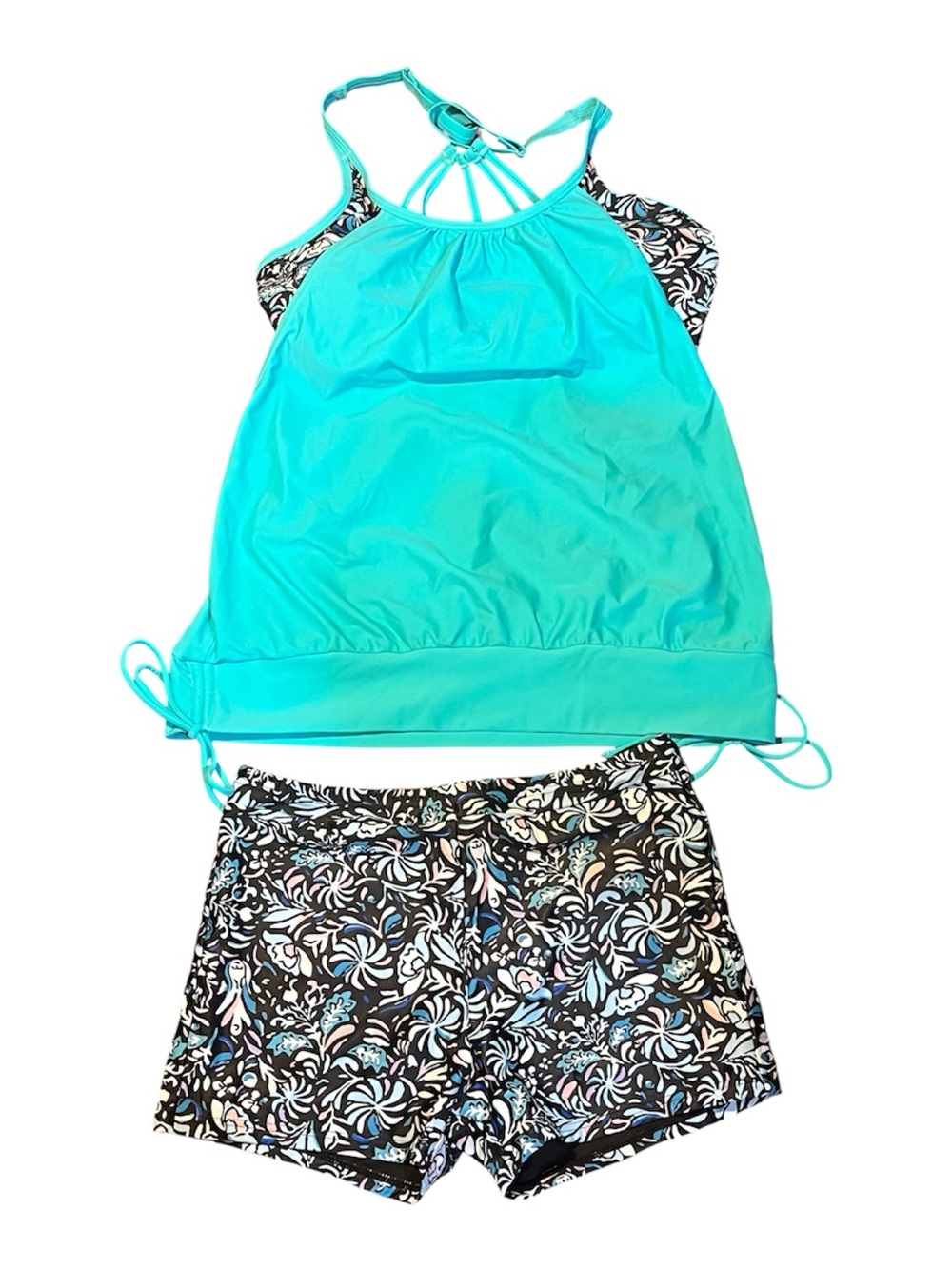 Turquoise & Black Floral Two-Piece Women's Tankini Set